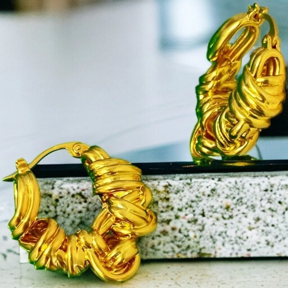 NEW 18K Yellow Gold-Plated Brass Knotted Designer Style Hoops Celeb Favorite